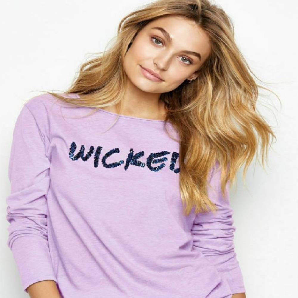 Victoria's Secret Long Sleeve Shirt Top Wicked Purple Lilac Sequins Navy Soft M